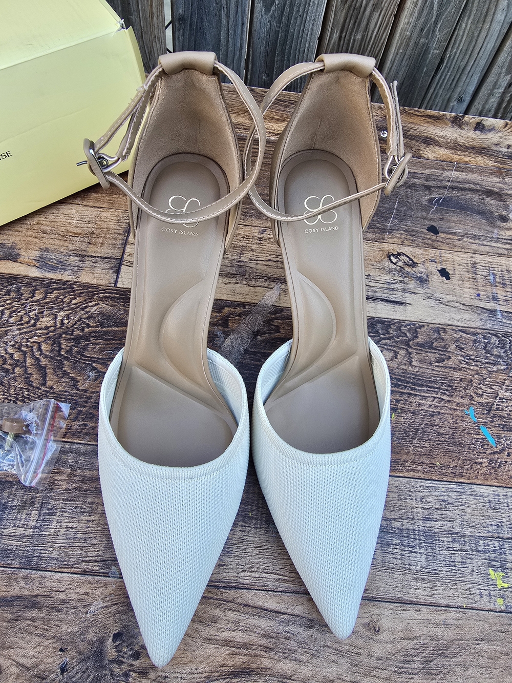Cozy Women’s Two Tone Pointed Toe Ankle Strap Heels  Cream and Tan Size 7